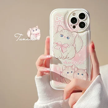 Сладкий кавайный плюшевый розовый кот с галстуком-бабочкой в Японском Стиле, Чехол Для Телефона iPhone 15 14 13 11 12 Pro Max Xr Xs Max 14 Plus, Милый Мягкий Чехол