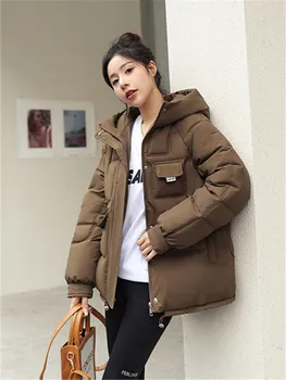 Толстое пальто, теплые повседневные парки, Корейская верхняя одежда, зимняя одежда на молнии, свободная зимняя куртка с хлопковой подкладкой с капюшоном, женская одежда