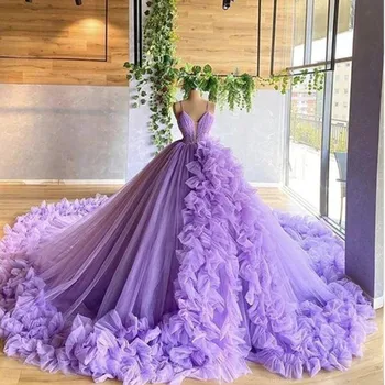 фиолетовое Бальное Платье Quinceanera Dresses Vestidos De 15 Anos Элегантные Свадебные Платья С Оборками Из Бисера На шнуровке