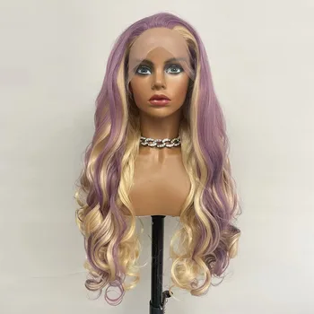 Фиолетовый Блондинистый Синтетический Волнистый парик на кружеве с клеем, Термостойкие парики для косплея Трансвеститов для чернокожих женщин, предварительно сорванные