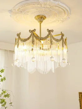 Французская ретро-медная лампа в гостиной, хрустальная лампа с бантом и кисточками, романтическая ресторанная люстра