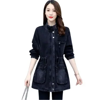 Черная женская куртка на весну и осень, новинка 2022 года, Корейская версия ретро-универсального свободного и тонкого джинсового топа средней длины с талией