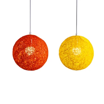 Шаровая люстра из бамбука, ротанга и пеньки, 2 предмета, индивидуальное творчество, Сферический ротанговый абажур-гнездо из ротанга - оранжевый и желтый