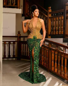 Шикарные дизайнерские вечерние платья Aso Ebi с золотисто-зелеными блестками и высоким разрезом спереди, африканские блестящие вечерние платья для чернокожих девушек