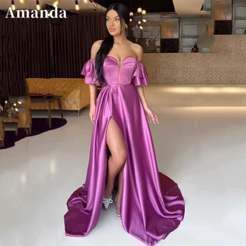 Элегантное вечернее платье Amanda из атласа в виде сердечка, фиолетовое вечернее платье трапециевидной формы с разрезом по бокам, 2024, съемный рукав