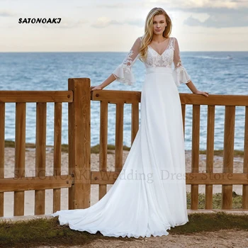 Элегантное простое свадебное платье из шифона в стиле бохо с расклешенными рукавами и аппликацией, платье невесты трапециевидной формы, Vestidos De Novia, сшитое на заказ