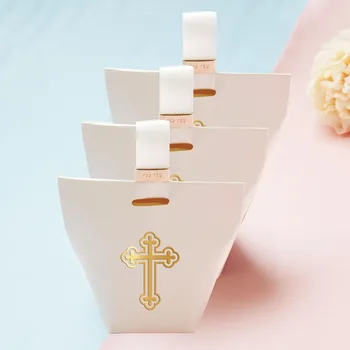 Элегантные белые коробки для конфет с крестом из золотой фольги | упаковка из 10 штук | Идеально подходят для торжественных мероприятий: свадеб, детских праздников и многого другого!